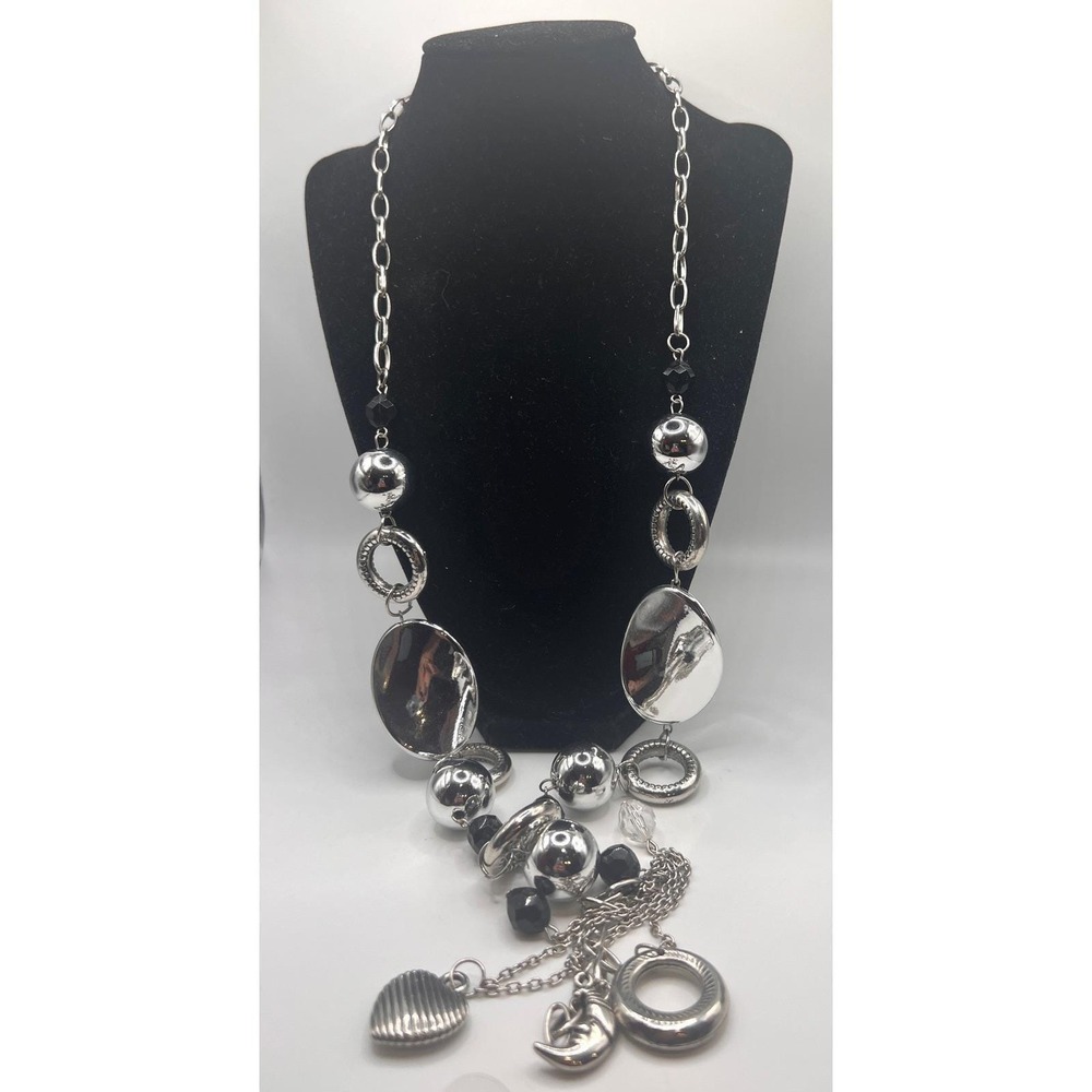 Chic Long Silver Tone Charm Necklace Moon Heart Mixed Metal 28" + 7" Drop
